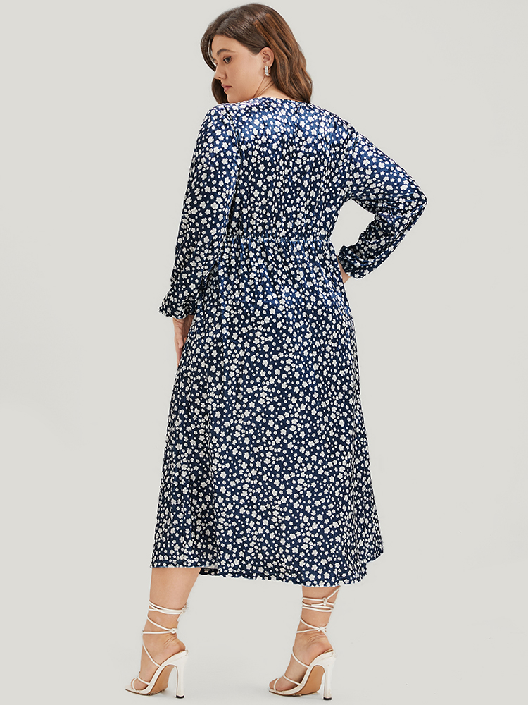 Plus Size Ditsy Floral Pocket Lantern Sleeve Wrap Velvet Dress Indigo Women Elegant Elastic Waist V-neck Long Sleeve Curvy Midi Dress BloomChic 18-20/2X 