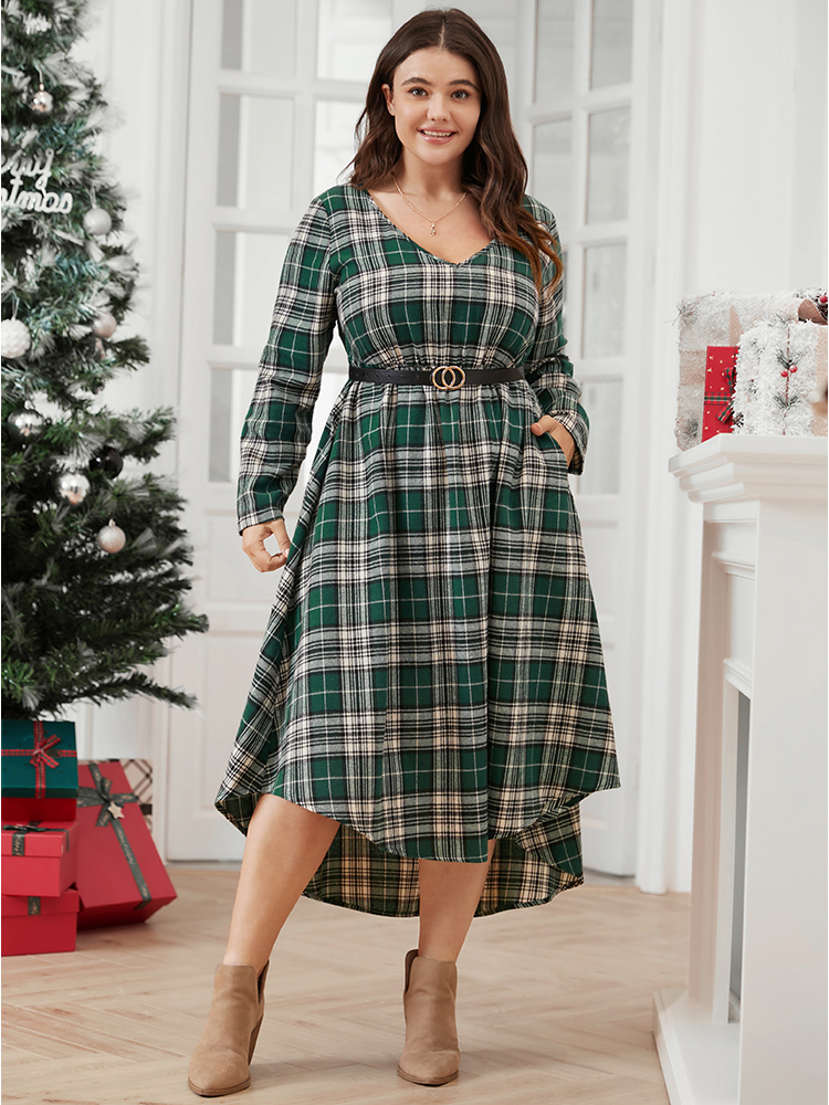 

Plus Size Plaid V Neck Pocket High Low Hem Dress Without Belt DarkGreen Women Elegant Pocket V-neck Long Sleeve Curvy Midi Dress BloomChic