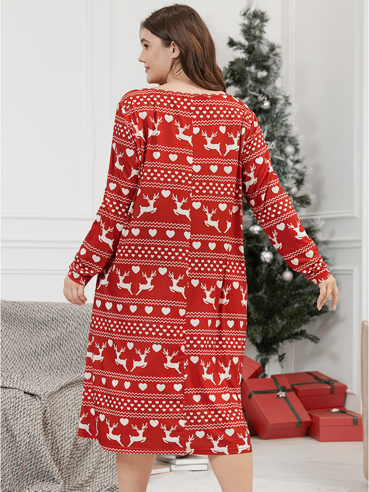 

Plus Size Elk & Heart Print Pocket Round Neck Sleep Dress Scarlet Long Sleeve Round Neck Casual Festival-Christmas  Bloomchic