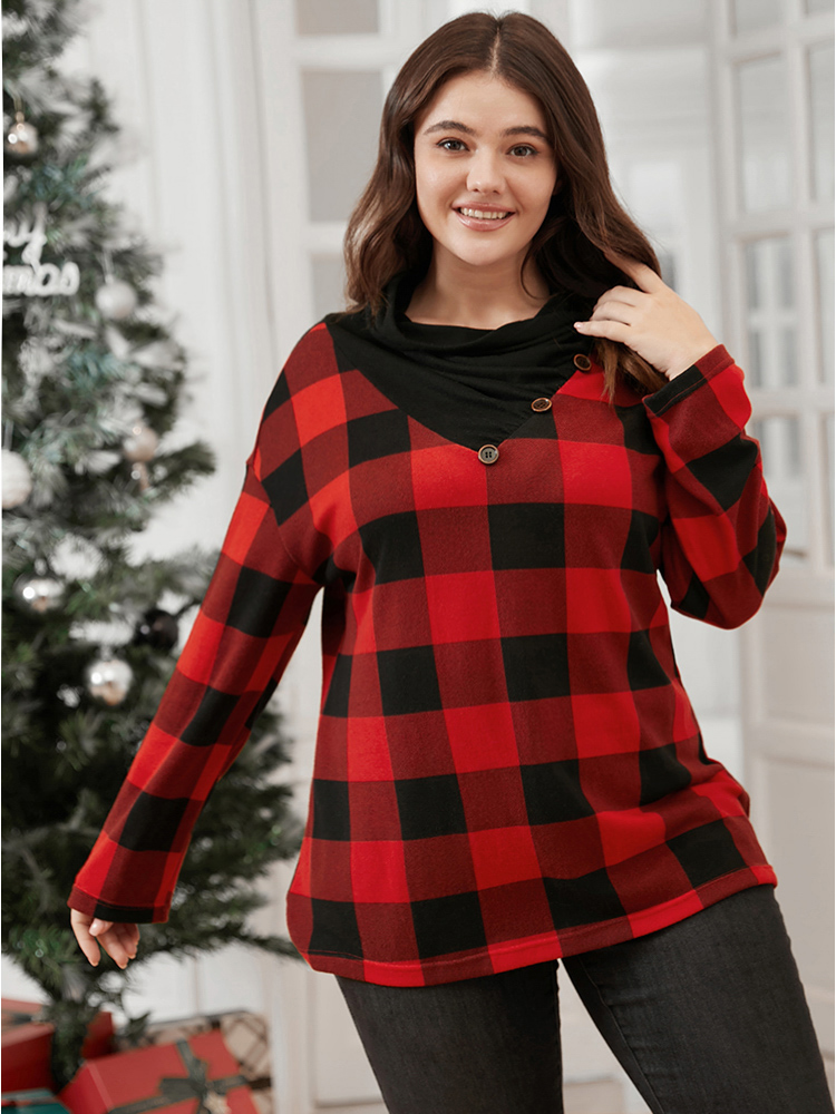 Plus Size Women Festival-Christmas Plaid Button Regular Regular Sleeve Long Sleeve Cowl Neck Casual Sweatshirts BloomChic 