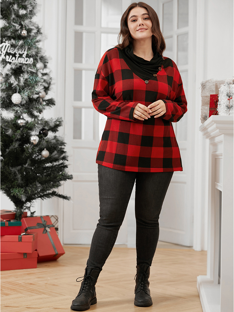 Plus Size Women Festival-Christmas Plaid Button Regular Regular Sleeve Long Sleeve Cowl Neck Casual Sweatshirts BloomChic 
