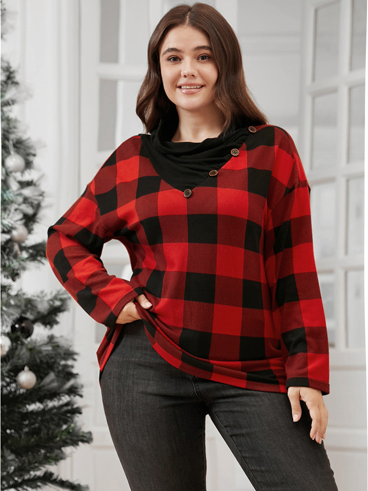 Plus Size Women Festival-Christmas Plaid Button Regular Regular Sleeve Long Sleeve Cowl Neck Casual Sweatshirts BloomChic 