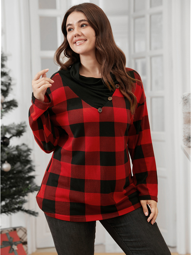 Plus Size Women Festival-Christmas Plaid Button Regular Regular Sleeve Long Sleeve Cowl Neck Casual Sweatshirts BloomChic 
