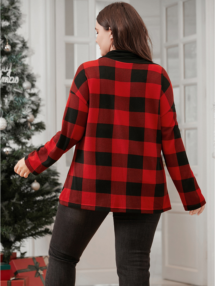 Plus Size Women Festival-Christmas Plaid Button Regular Regular Sleeve Long Sleeve Cowl Neck Casual Sweatshirts BloomChic 