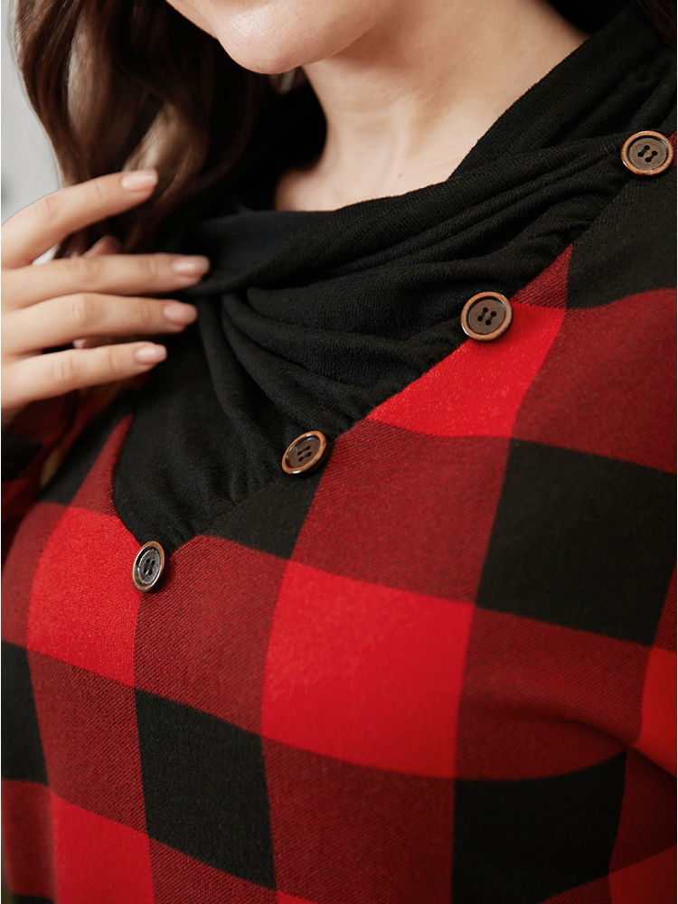 Plus Size Women Festival-Christmas Plaid Button Regular Regular Sleeve Long Sleeve Cowl Neck Casual Sweatshirts BloomChic 