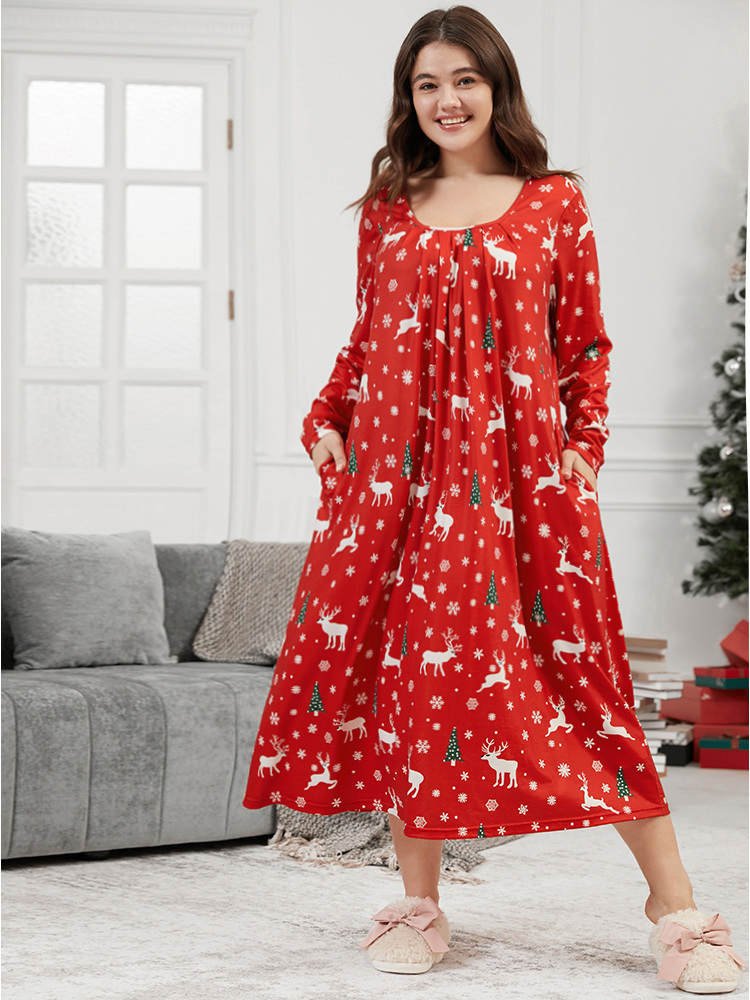 

Plus Size Tree & Elk Pocket Pleated Night Dress Burgundy Long Sleeve Round Neck Elegant Festival-Christmas  Bloomchic