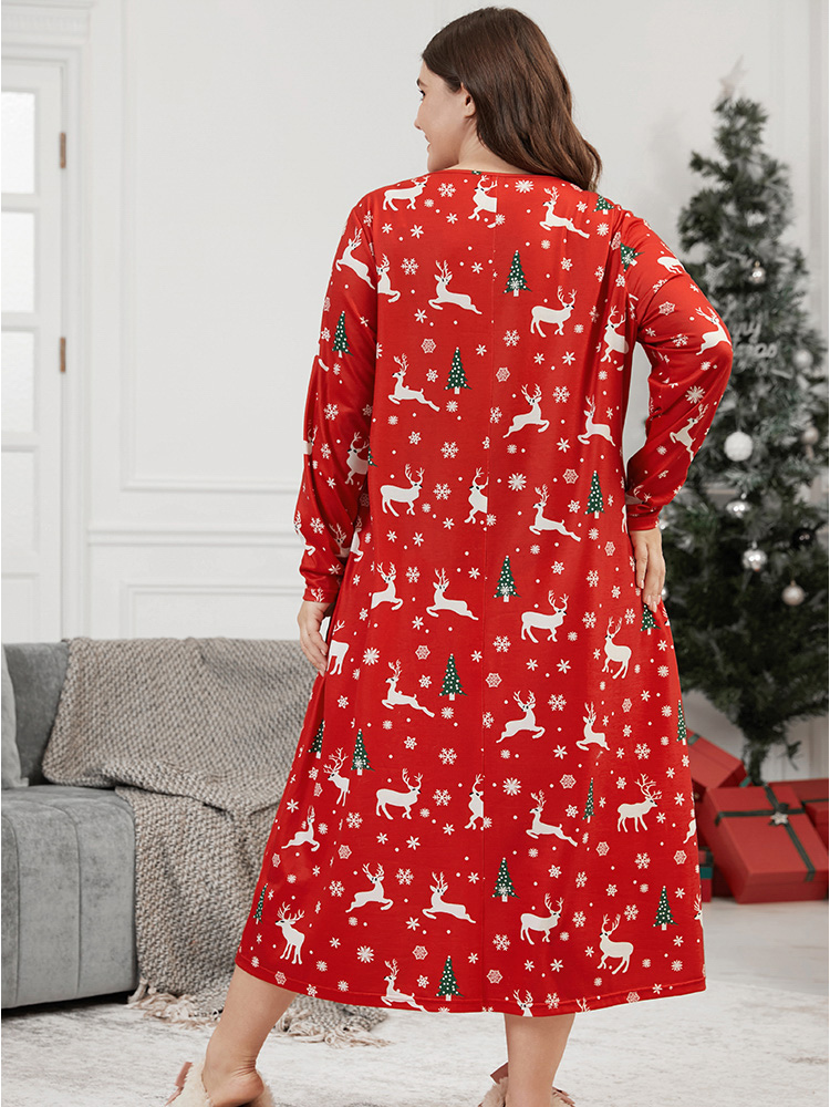 

Plus Size Tree & Elk Pocket Pleated Night Dress Burgundy Long Sleeve Round Neck Elegant Festival-Christmas  Bloomchic