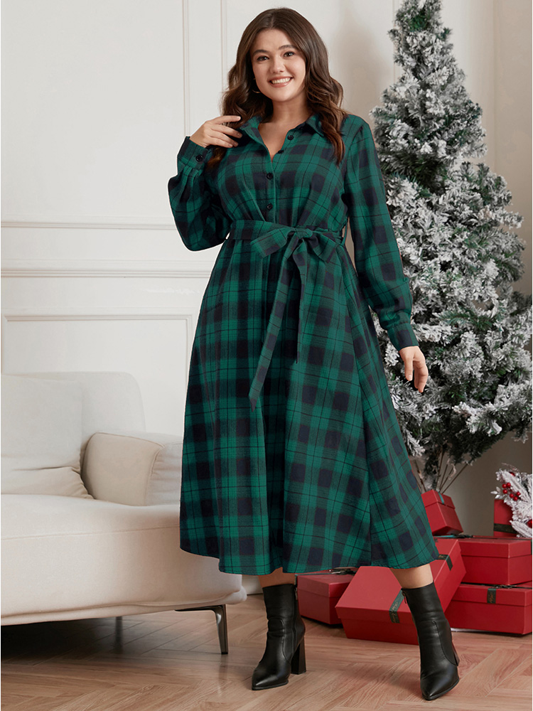 

Plus Size Plaid Shirt Collar Pocket Belted Button Up Dress DarkGreen Women Elegant Cross straps Shirt collar Long Sleeve Curvy Midi Dress BloomChic