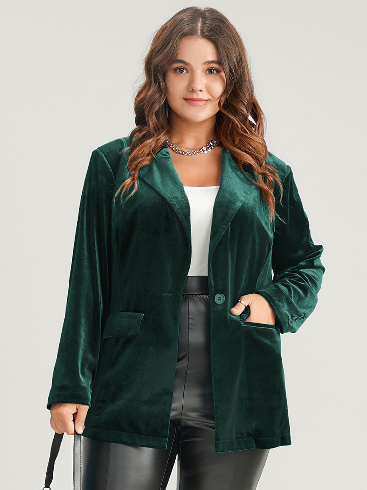 

Plus Size Solid Button Flap Pocket Velvet Blazer DarkGreen Women Going out Plain Button Sleeve Long Sleeve Suit Collar  Pocket Party Blazers BloomChic