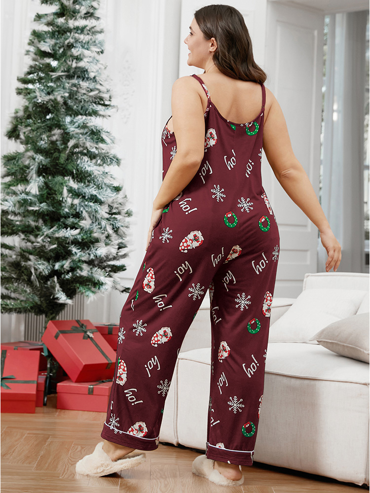 

Plus Size Santa Claus Print Pocket Spaghetti Strap Jumpsuit Scarlet Pocket Pocket Dailywear Elegant Sleep Jumpsuits/Rompers  Bloomchic