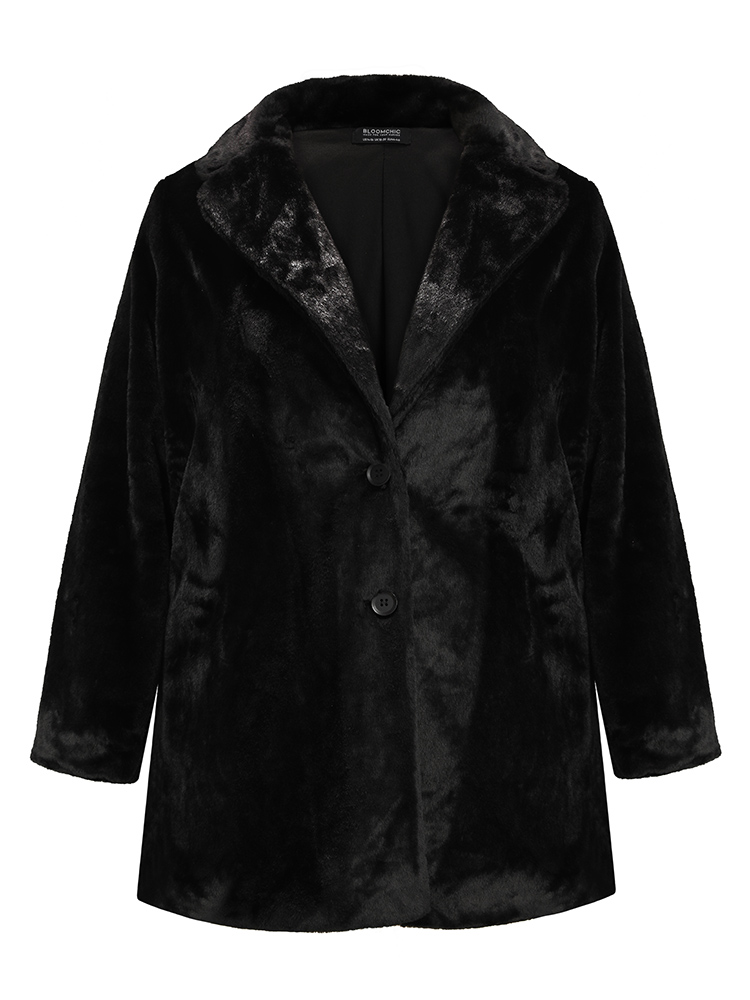 Plus Size Solid Pocket Faux Fur Button Front Coat Women Black Party Pocket Ladies Going out Winter Coats BloomChic 10/M 