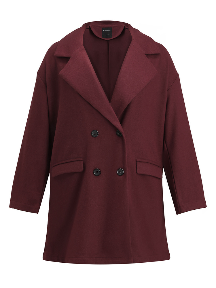 

Plus Size Solid Button Down Flap Pocket Suit Collar Coat Women Burgundy Casual Button Ladies Dailywear Winter Coats BloomChic