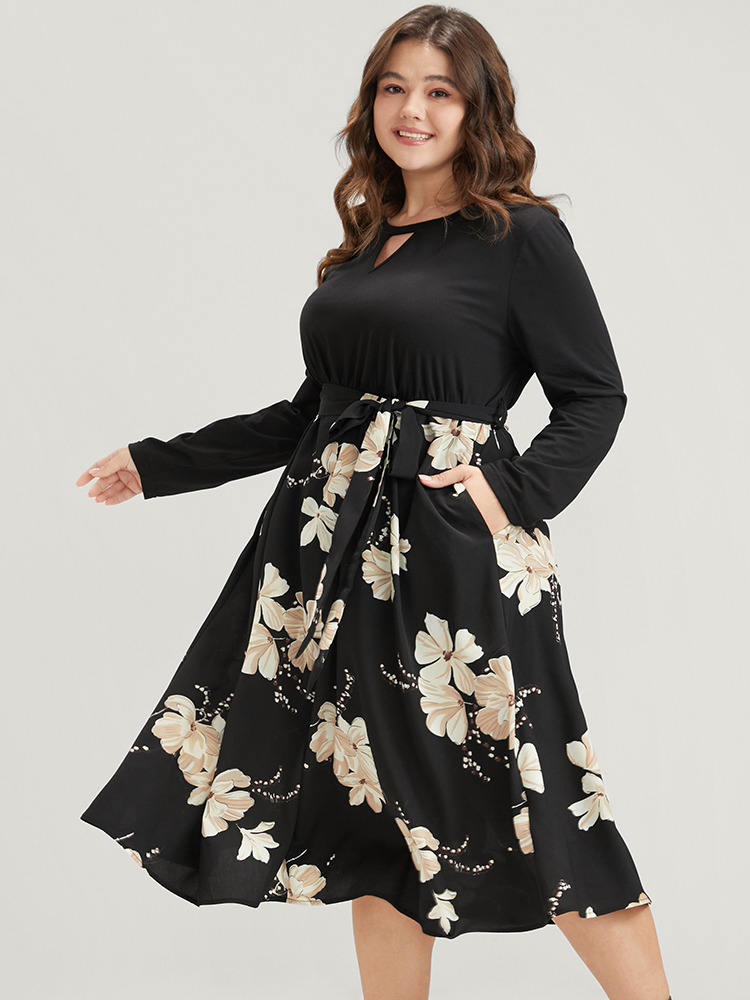 

Plus Size Floral Print Keyhole Round Neck Pocket Belted Dress Multicolor Women Belted Round Neck Long Sleeve Curvy Midi Dress BloomChic