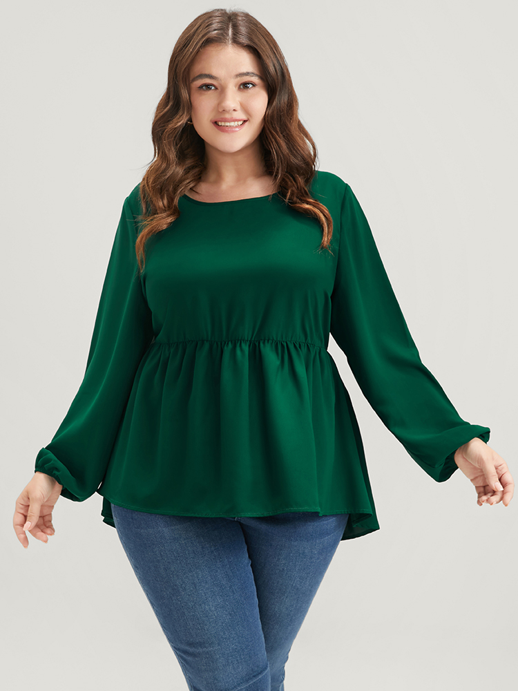 

Plus Size DarkGreen Solid Lantern Sleeve High Low Hem Flutter Blouse Women Elegant Long Sleeve Round Neck Dailywear Blouses BloomChic