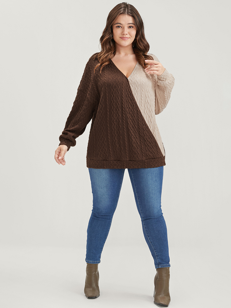 Plus Size Colorblock Contrast Surplice Neck Drop Shoulder Sweatshirt Women Multicolor Elegant Patchwork V-neck Dailywear Sweatshirts BloomChic 14-16/1X 
