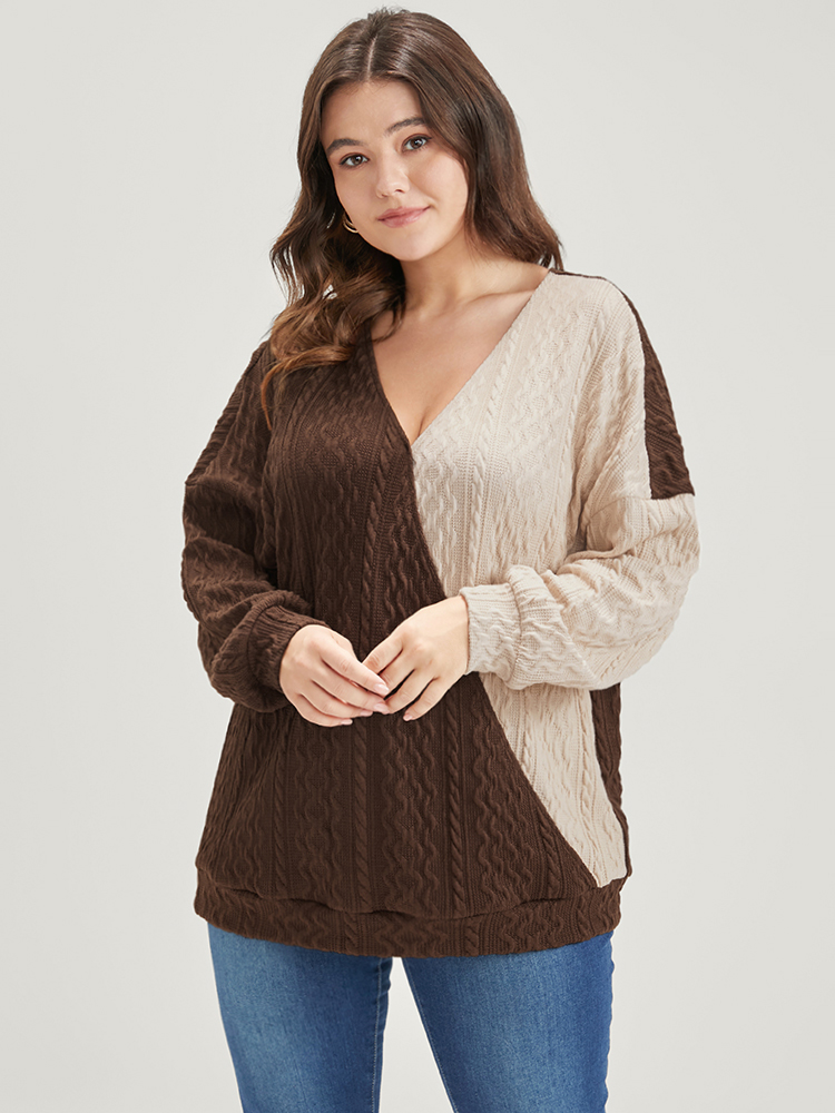 Plus Size Colorblock Contrast Surplice Neck Drop Shoulder Sweatshirt Women Multicolor Elegant Patchwork V-neck Dailywear Sweatshirts BloomChic 14-16/1X 