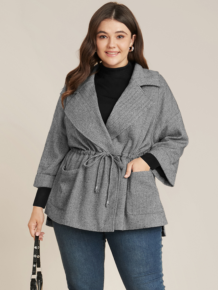 Plus Size Chevron Pattern Pocket Split Hem Drawstring Coat Women Black At the Office Drawstring Ladies Work Winter Coats BloomChic 14-16/1X 