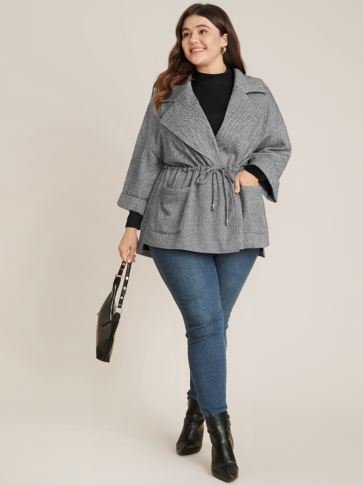 Plus Size Chevron Pattern Pocket Split Hem Drawstring Coat Women Black At the Office Drawstring Ladies Work Winter Coats BloomChic 14-16/1X 
