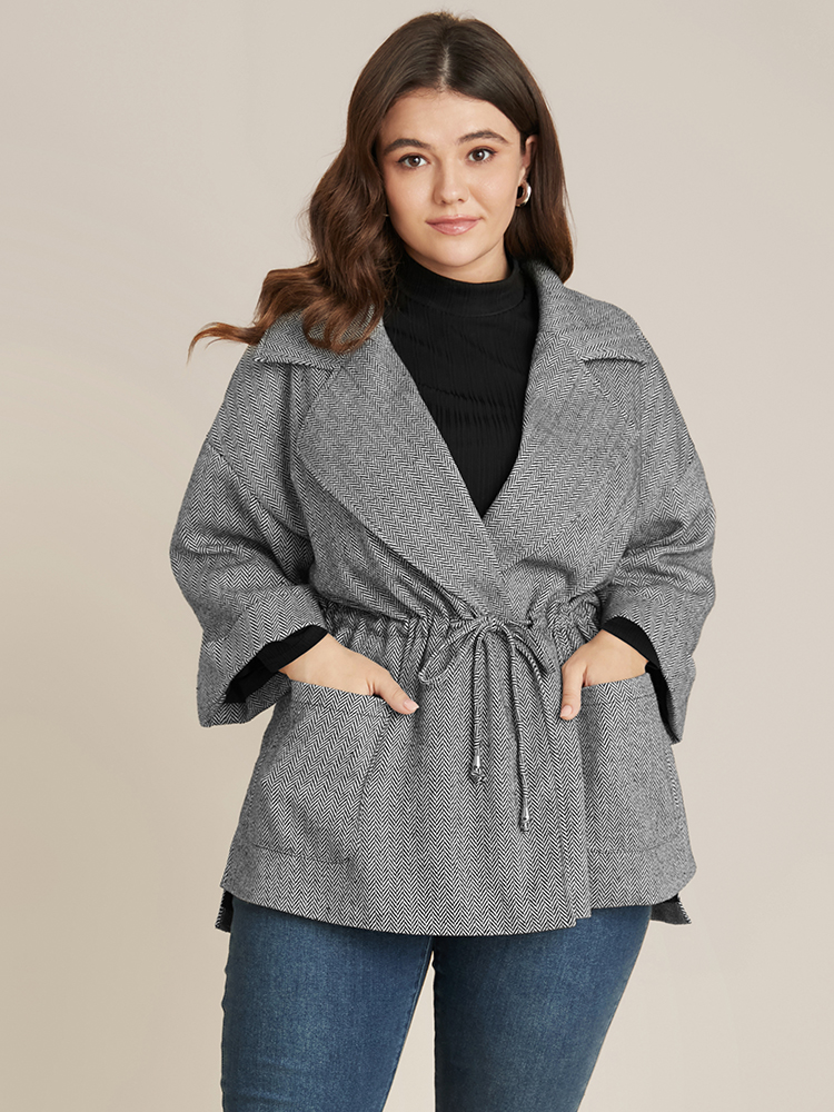 Plus Size Chevron Pattern Pocket Split Hem Drawstring Coat Women Black At the Office Drawstring Ladies Work Winter Coats BloomChic 14-16/1X 