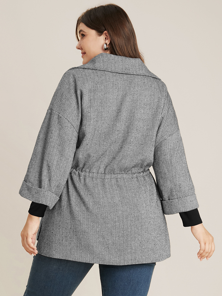 Plus Size Chevron Pattern Pocket Split Hem Drawstring Coat Women Black At the Office Drawstring Ladies Work Winter Coats BloomChic 14-16/1X 