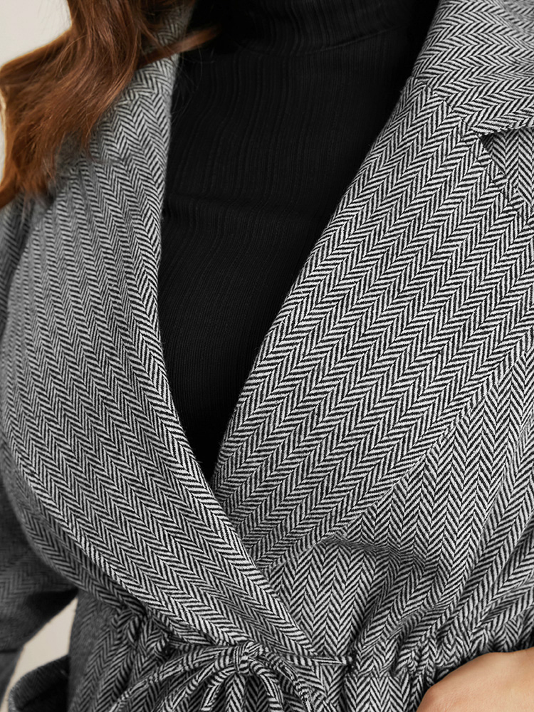 Plus Size Chevron Pattern Pocket Split Hem Drawstring Coat Women Black At the Office Drawstring Ladies Work Winter Coats BloomChic 14-16/1X 