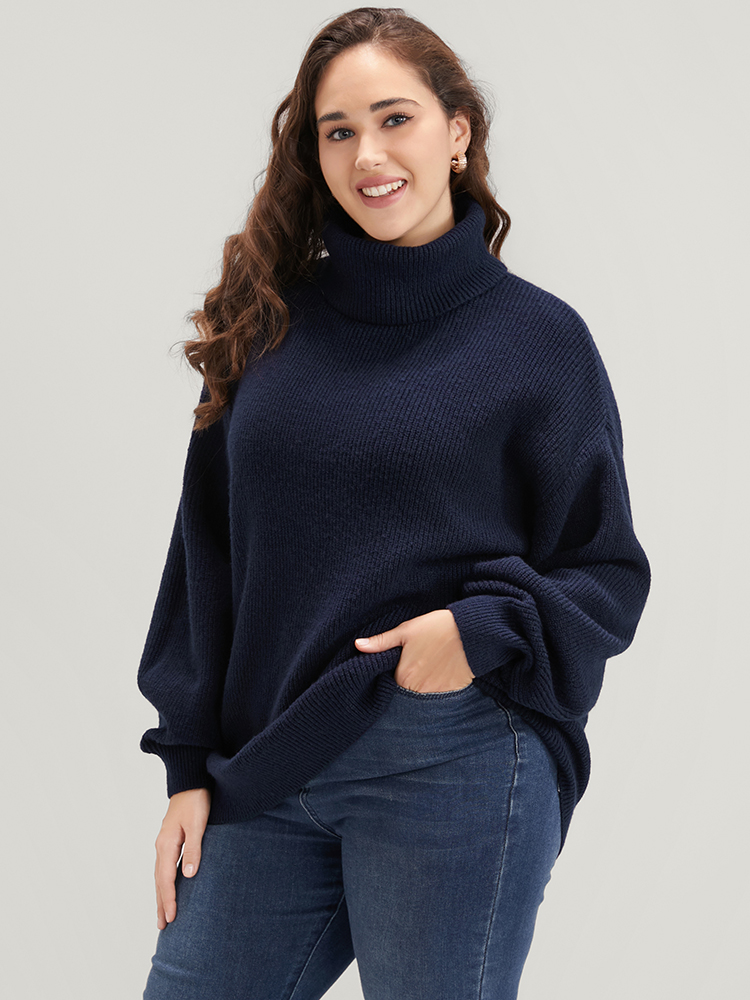 

Plus Size Solid Rib Knit Lantern Sleeve Funnel Neck Sweater Midnight Women Elegant Loose Long Sleeve Turtleneck Dailywear Pullovers BloomChic