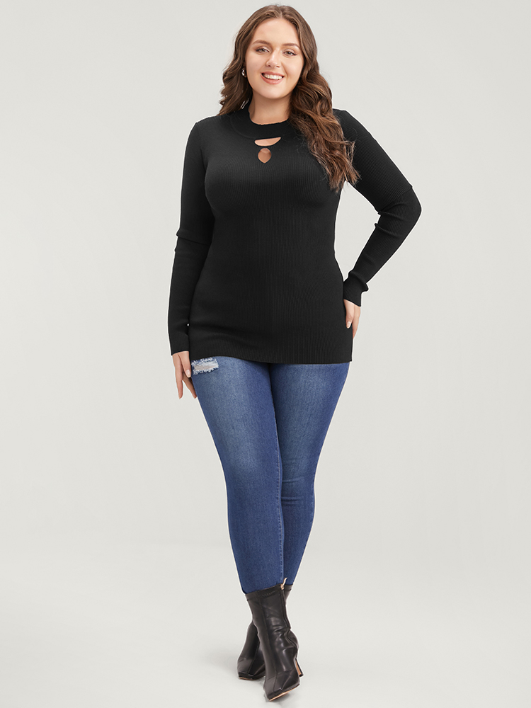 

Plus Size Solid Super Soft Rib Knit Cut Out Mock Neck Knit Top Black Women Elegant Skinny Long Sleeve Keyhole Cut-Out Dailywear Pullovers BloomChic