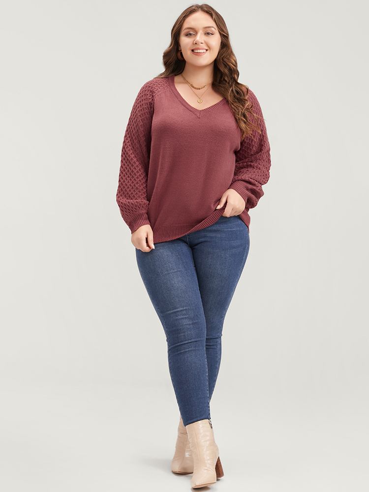 Plus Size Solid Pointelle Knit Lantern Sleeve Knit Top Russet Women Elegant Loose Long Sleeve V-neck Dailywear Pullovers BloomChic 14-16/1X 
