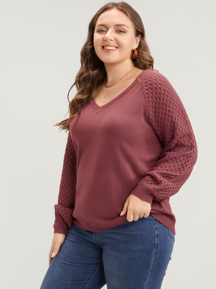 Plus Size Solid Pointelle Knit Lantern Sleeve Knit Top Russet Women Elegant Loose Long Sleeve V-neck Dailywear Pullovers BloomChic 14-16/1X 