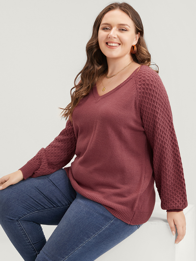 

Plus Size Solid Pointelle Knit Lantern Sleeve Knit Top Russet Women Elegant Loose Long Sleeve V-neck Dailywear Pullovers BloomChic