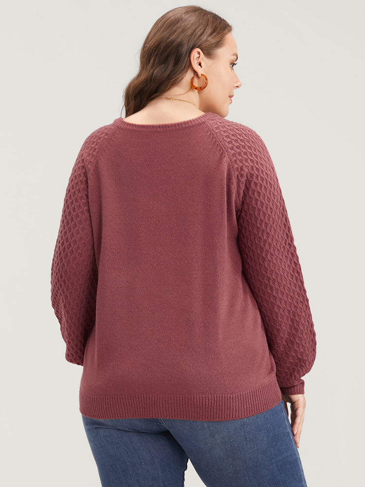 Plus Size Solid Pointelle Knit Lantern Sleeve Knit Top Russet Women Elegant Loose Long Sleeve V-neck Dailywear Pullovers BloomChic 14-16/1X 
