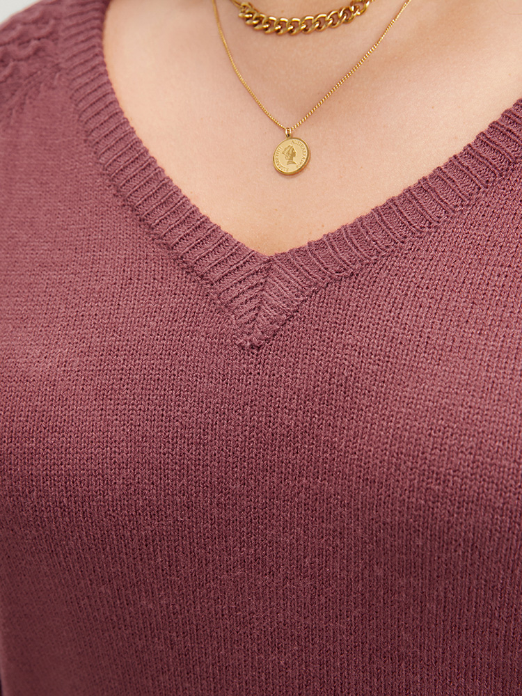 Plus Size Solid Pointelle Knit Lantern Sleeve Knit Top Russet Women Elegant Loose Long Sleeve V-neck Dailywear Pullovers BloomChic 14-16/1X 