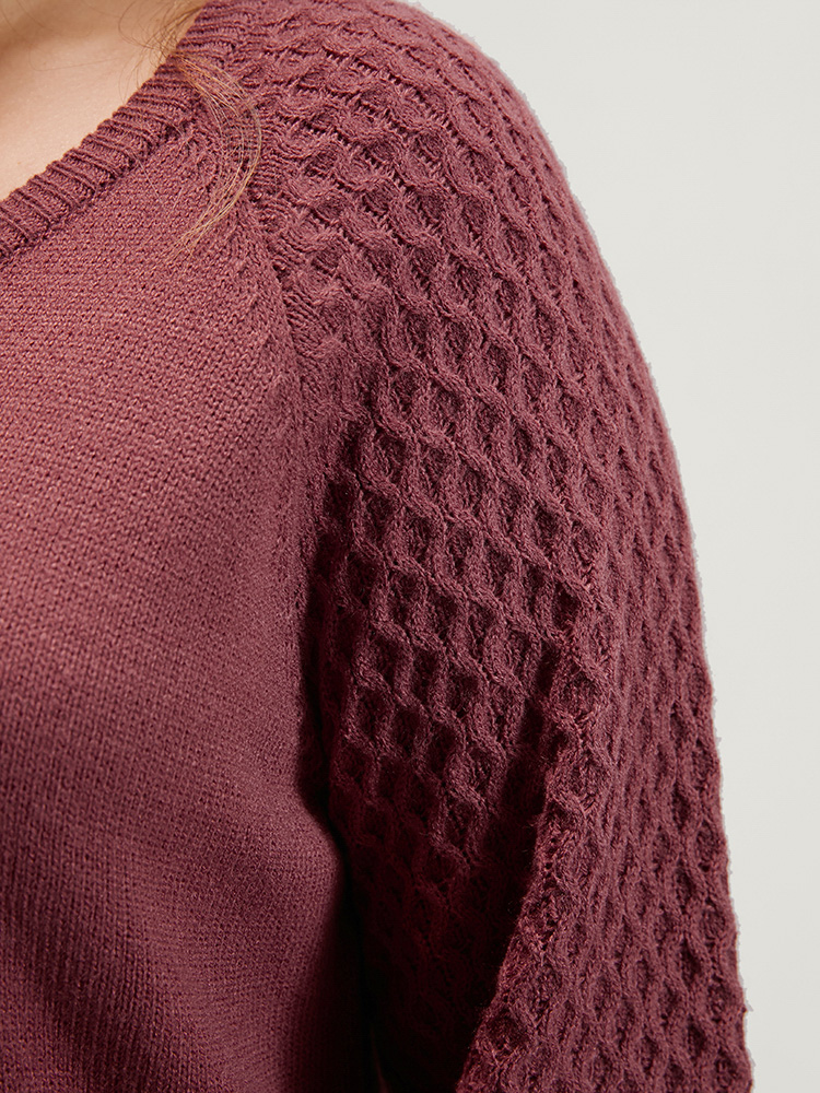 Plus Size Solid Pointelle Knit Lantern Sleeve Knit Top Russet Women Elegant Loose Long Sleeve V-neck Dailywear Pullovers BloomChic 14-16/1X 