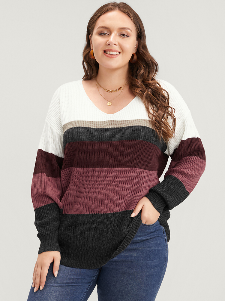 

Plus Size Color Block Pointelle Knit V Neck Contrast Knit Top Multicolor Women Elegant Long Sleeve V-neck Dailywear Pullovers BloomChic