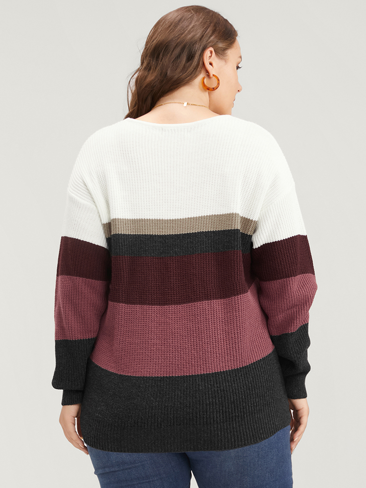 

Plus Size Color Block Pointelle Knit V Neck Contrast Knit Top Multicolor Women Elegant Long Sleeve V-neck Dailywear Pullovers BloomChic