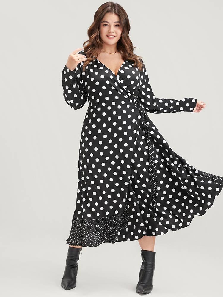 

Plus Size Polka Dot Surplice Neck Tie Side Pocket Ruffle Hem Dress Black Women Elegant Wrap V-neck Long Sleeve Curvy Midi Dress BloomChic