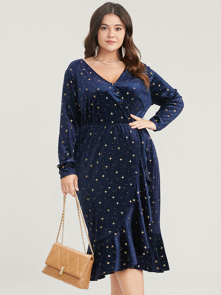 

Plus Size Star Print Wrap Ruffle Trim Velvet Midi Dress Indigo Women Party Ruffles V-neck Long Sleeve Curvy Midi Dress BloomChic