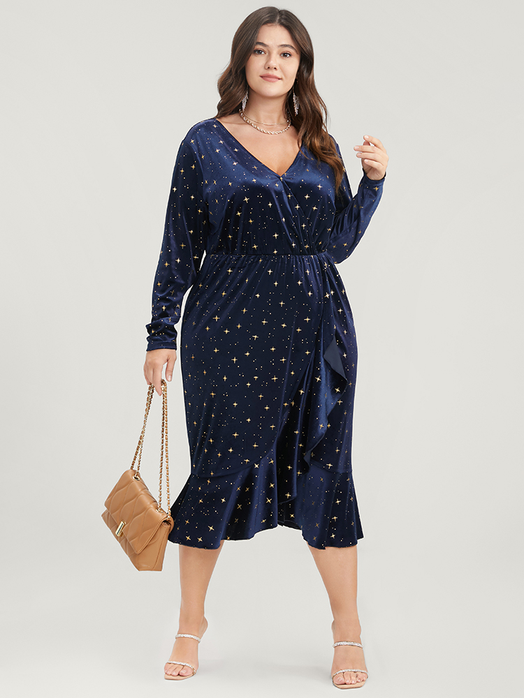 

Plus Size Star Print Wrap Ruffle Trim Velvet Midi Dress Indigo Women Party Ruffles V-neck Long Sleeve Curvy Midi Dress BloomChic