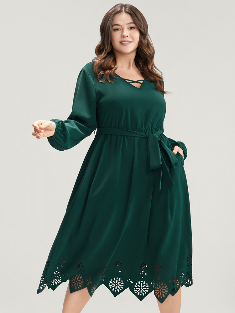 

Plus Size Solid Pocket Crisscross V Neck Laser Cut Belted Dress DarkGreen Women Elegant Belted V-neck Long Sleeve Curvy Midi Dress BloomChic