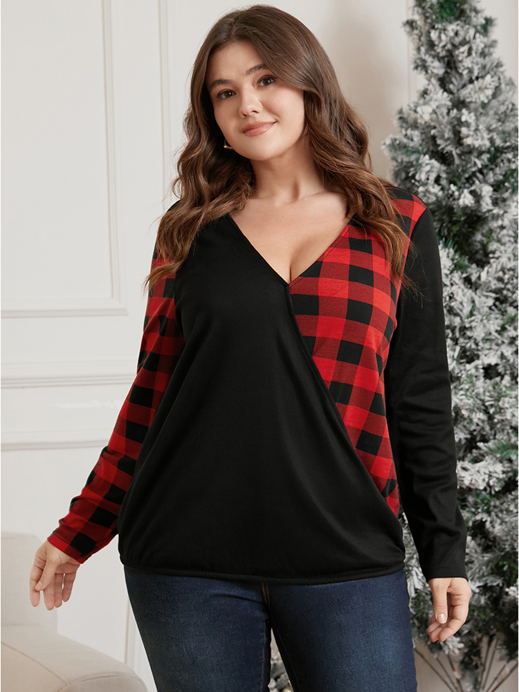 

Plaid Contrast Surplice Neck Long Tee, Scarlet