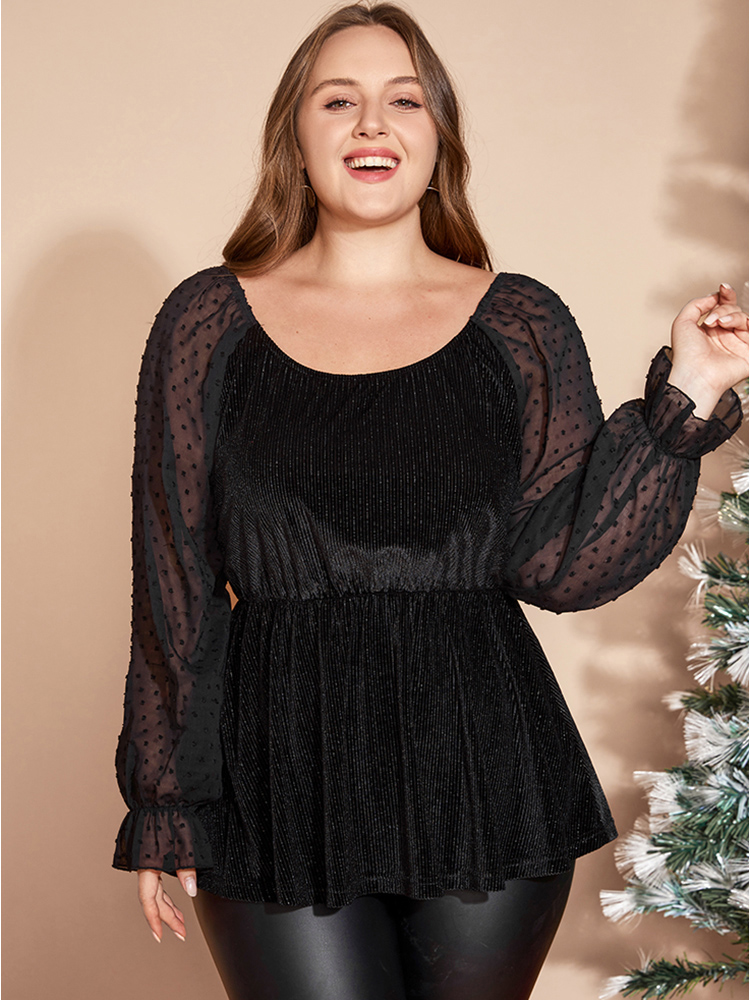 

Plus Size Black Polka Dot Mesh Patchwork Textured Ruffle Hem Glitter Blouse Women Party Long Sleeve Scoop Neck Going out Blouses BloomChic