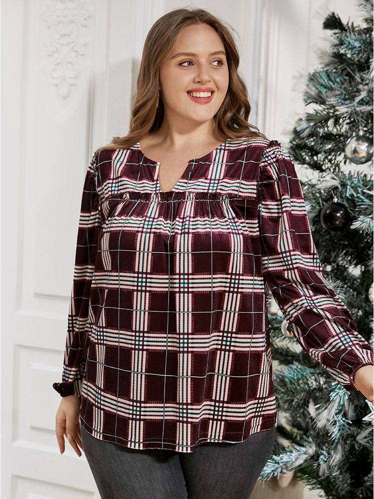 

Plus Size Plaid Lantern Sleeve Notched T-shirt Multicolor Women Party Fringe Trim Plaid Notched collar Going out T-shirts BloomChic