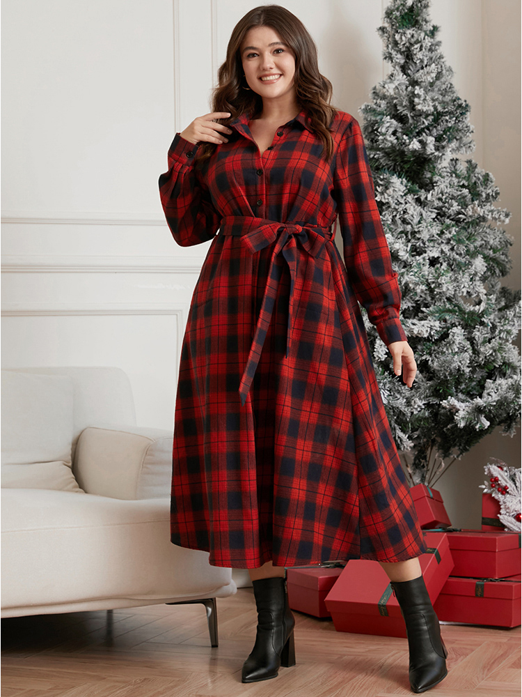 Plus Size Plaid Shirt Collar Pocket Belted Button Up Dress Red Women Elegant Cross straps Shirt collar Long Sleeve Curvy Midi Dress BloomChic 18-20/2X 