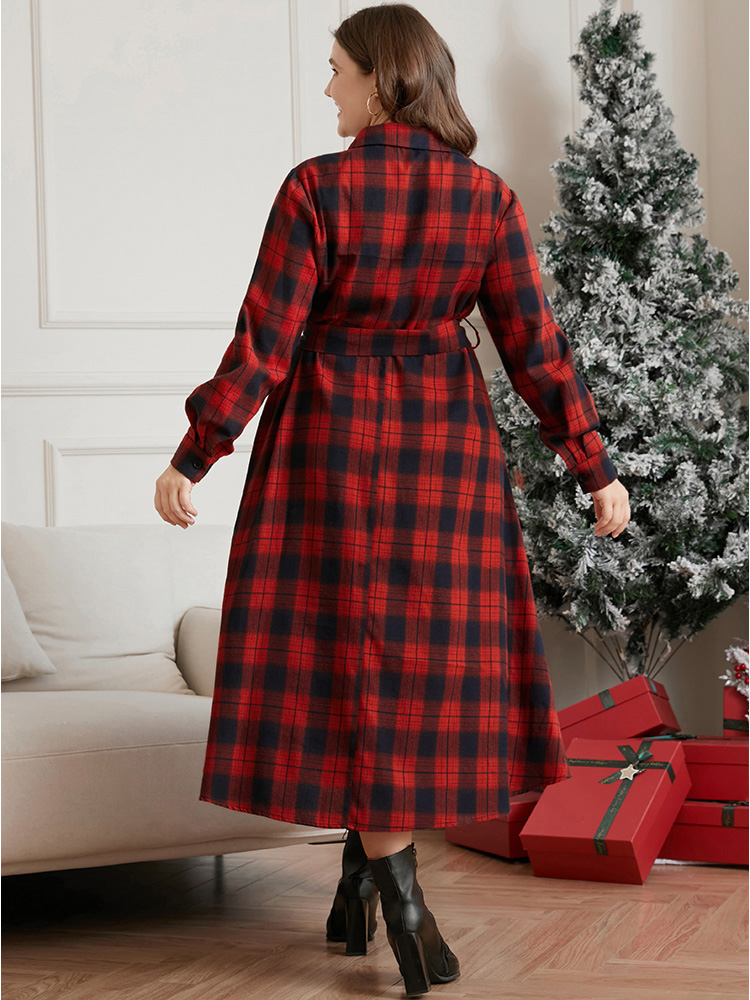 Plus Size Plaid Shirt Collar Pocket Belted Button Up Dress Red Women Elegant Cross straps Shirt collar Long Sleeve Curvy Midi Dress BloomChic 18-20/2X 