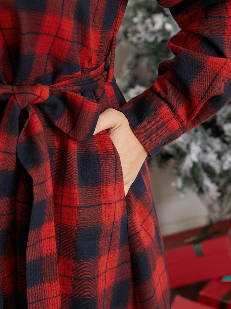 Plus Size Plaid Shirt Collar Pocket Belted Button Up Dress Red Women Elegant Cross straps Shirt collar Long Sleeve Curvy Midi Dress BloomChic 18-20/2X 