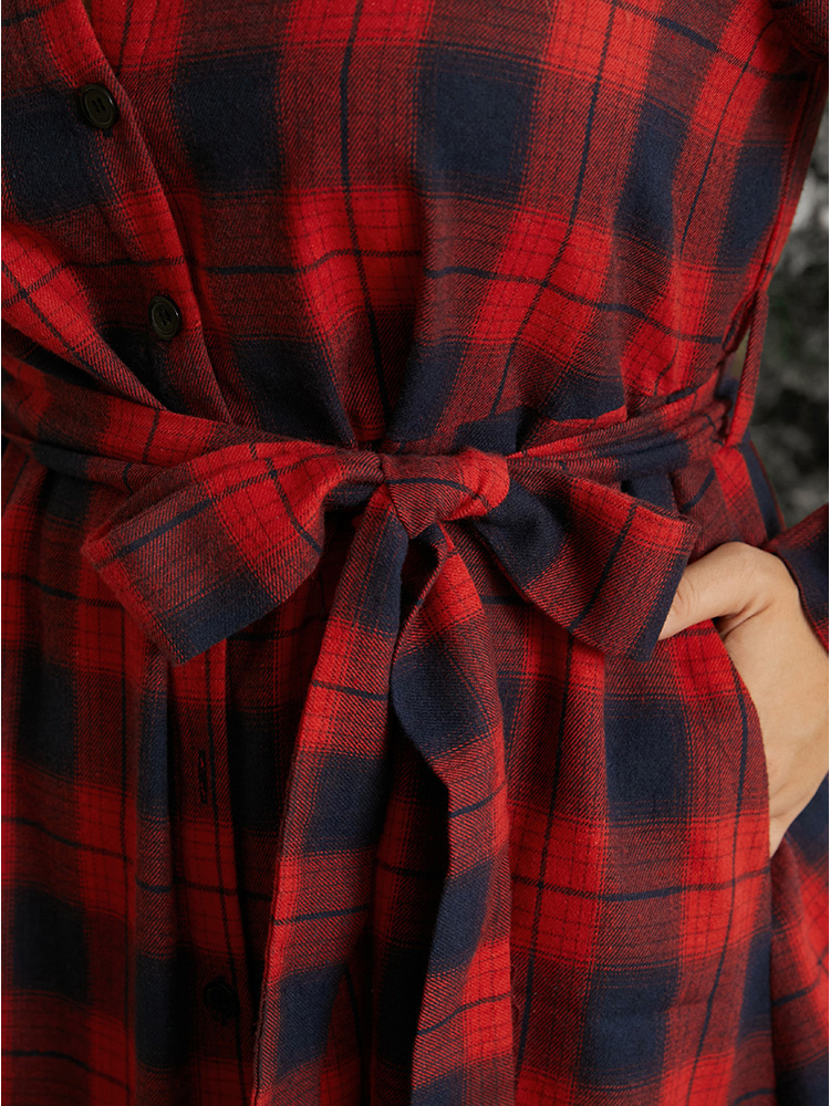 Plus Size Plaid Shirt Collar Pocket Belted Button Up Dress Red Women Elegant Cross straps Shirt collar Long Sleeve Curvy Midi Dress BloomChic 18-20/2X 
