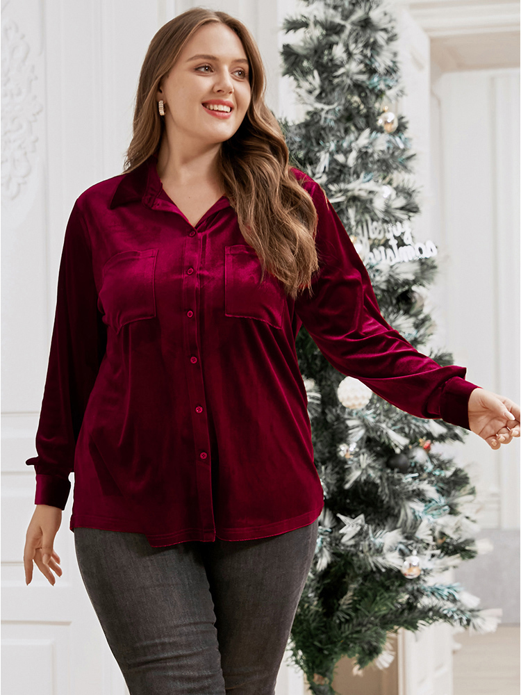 

Plus Size Solid Shirt Collar Pocket Button Up Velvet Blouse Red Long Sleeve Shirt collar Elegant Shirts