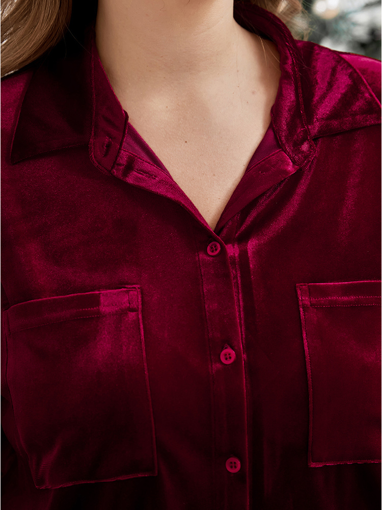 

Plus Size Solid Shirt Collar Pocket Button Up Velvet Blouse Red Long Sleeve Shirt collar Elegant Shirts