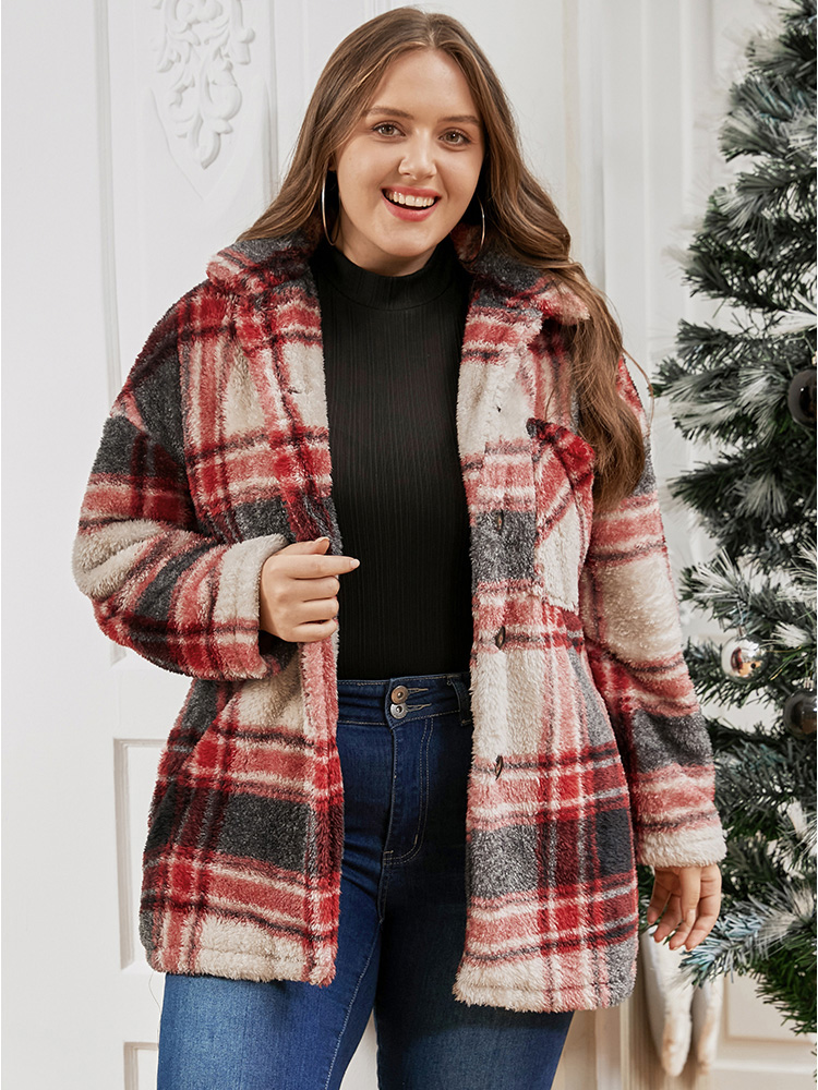 

Plus Size Plaid Button Up Pocket Fuzzy Coat Women Red Casual Button Ladies Dailywear Winter Coats BloomChic