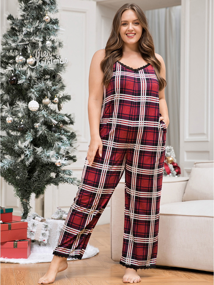 

Plus Size Plaid Pocket Lace Trim Cami Jumpsuit Women Multicolor Casual Plaid Lace V-neck Pocket Loungewear BloomChic